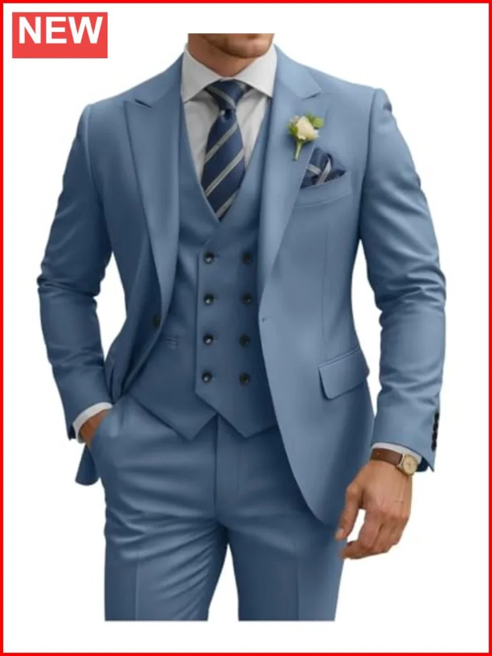 Mens 3 Piece Slim Fit Double Breasted Suit Set Vest Pant Tuxedo